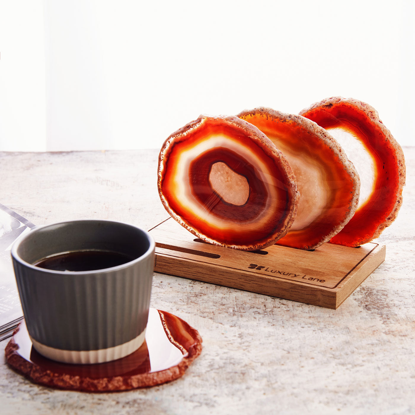 Set of 4 Natural Brazilian Agate Drink Coasters with Wood Holder