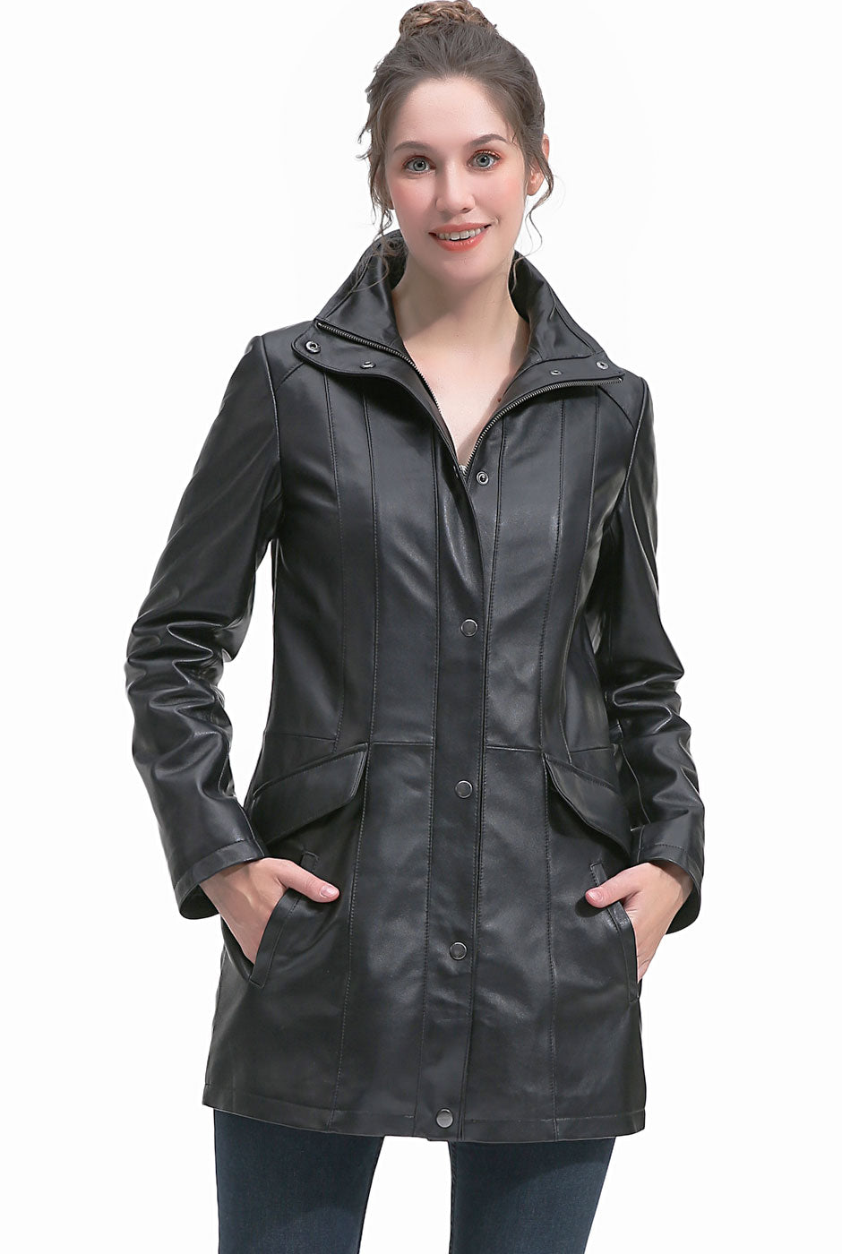 Black Leather Trench Coat Women's Genuine Lambskin Winter Long Overcoat  Jacket