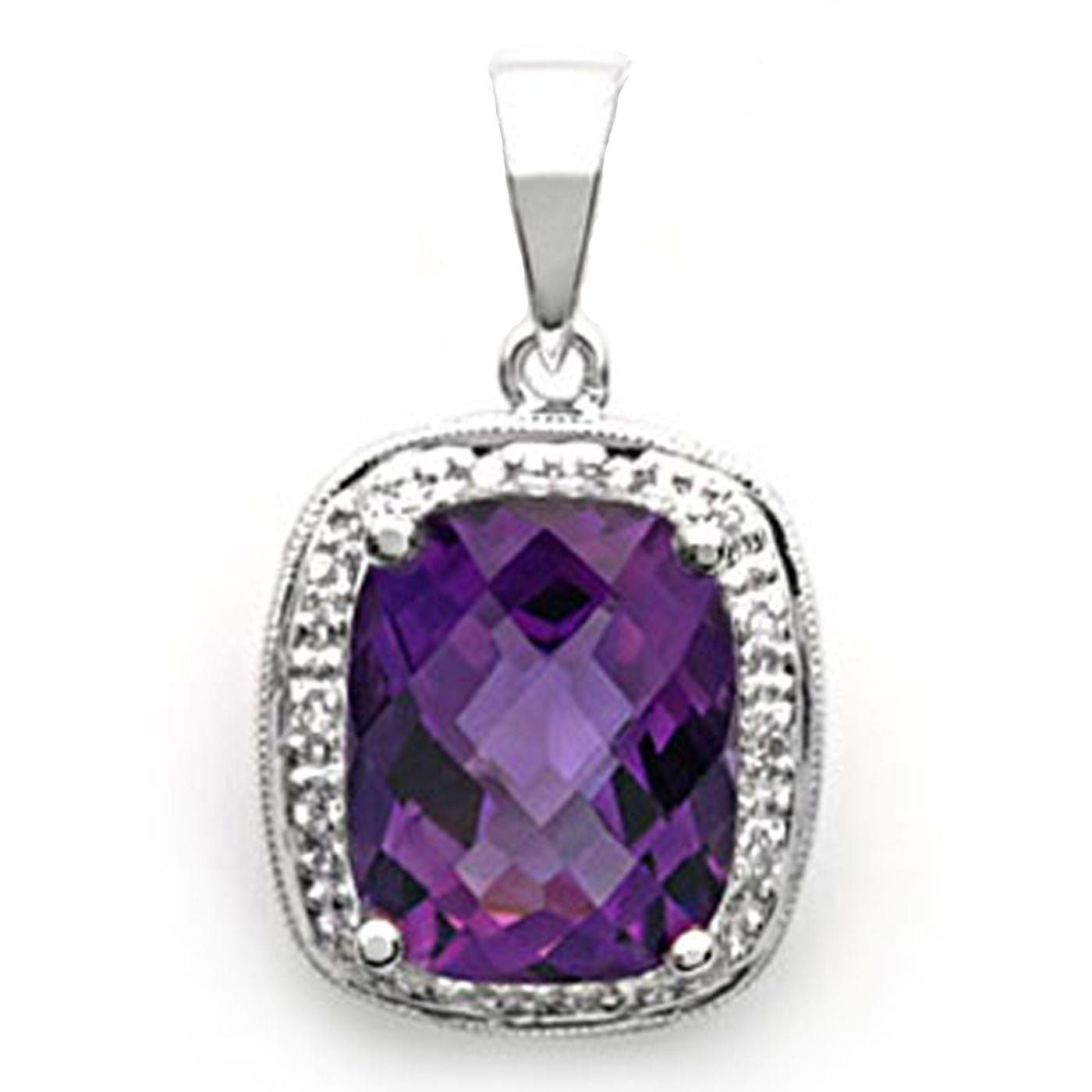 14k White Gold Cushion-Cut Amethyst and Diamond Pendant