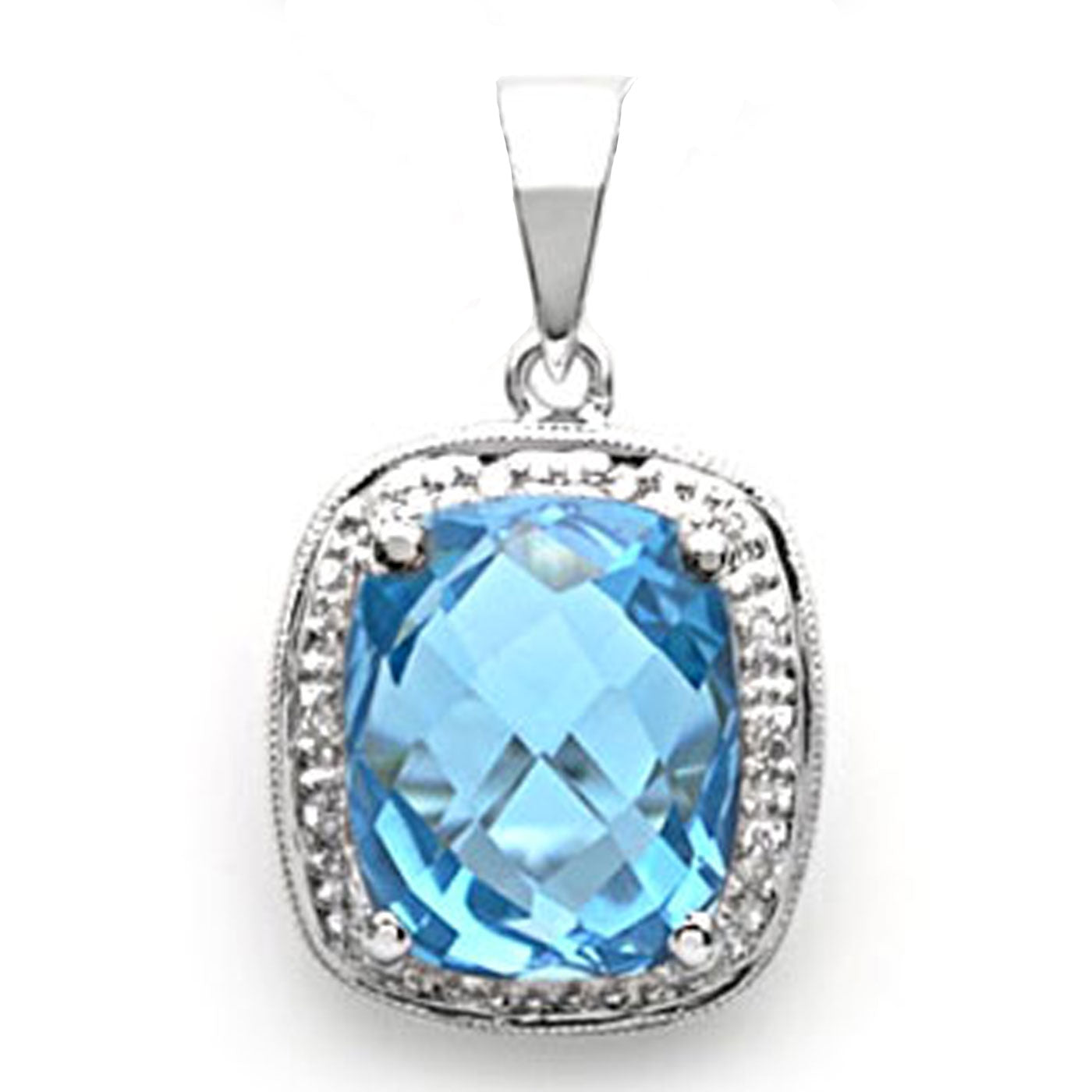 14k White Gold Cushion-Cut Blue Topaz and Diamond Pendant