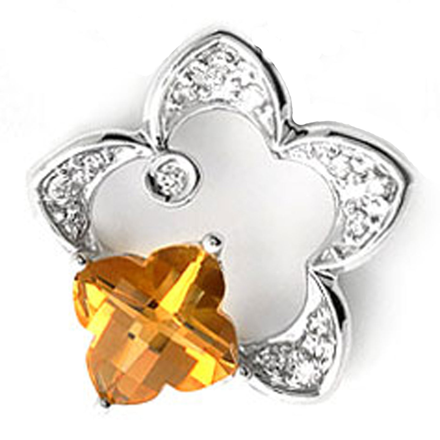 14k White Gold Clover Shape Citrine and Diamond Star Pendant