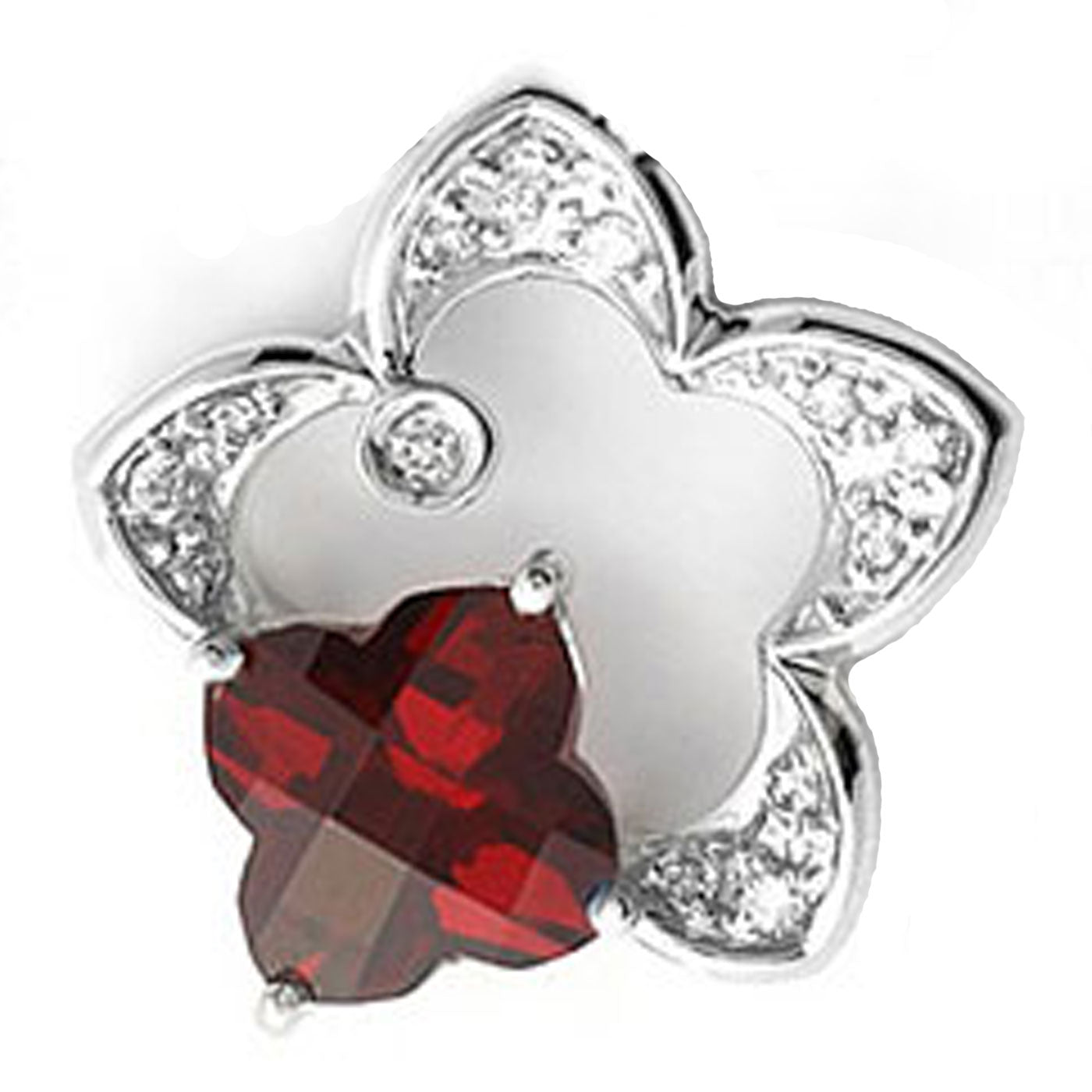 18k White Gold Clover Shape Garnet and Diamond Star Pendant