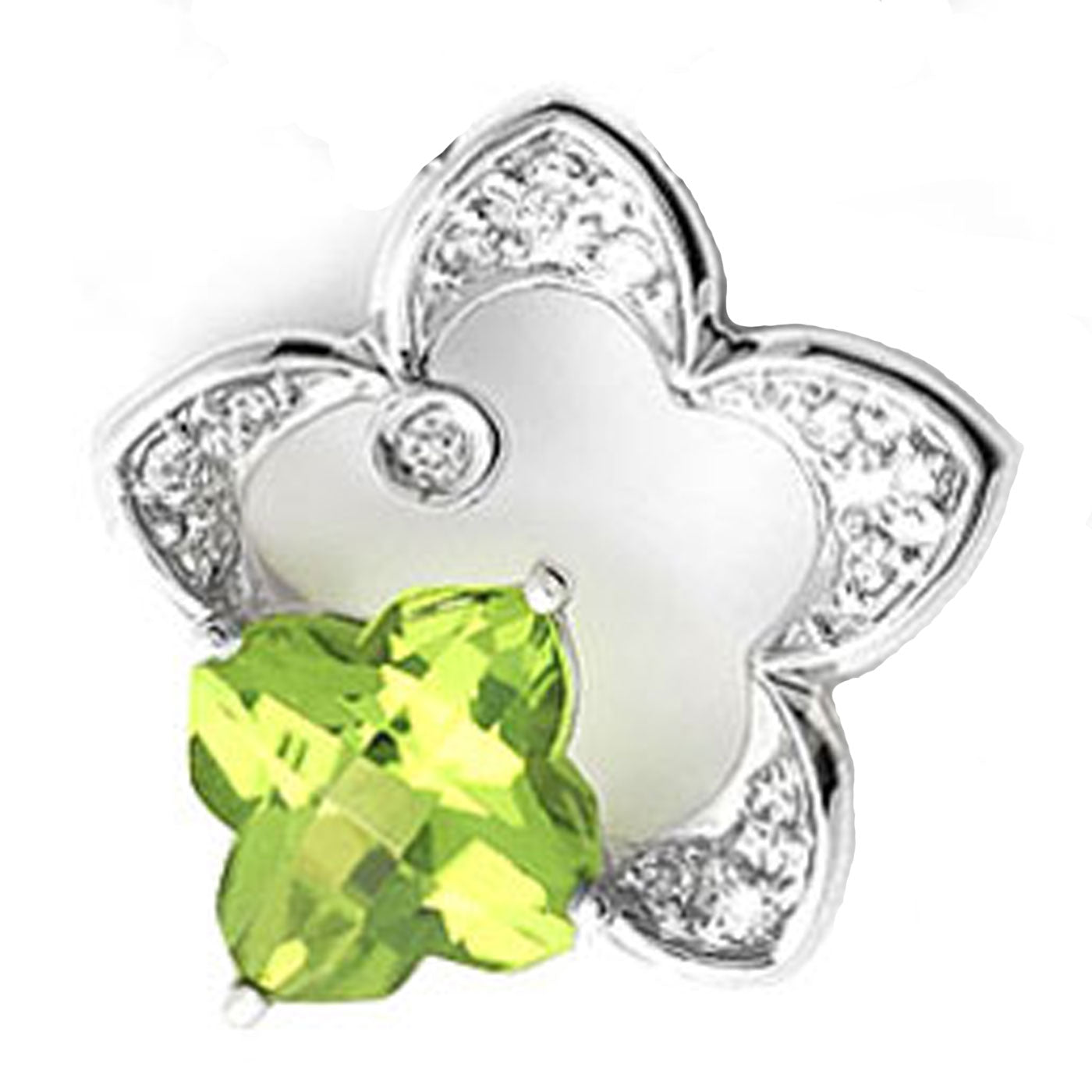 18k White Gold Clover Shape Peridot and Diamond Star Pendant