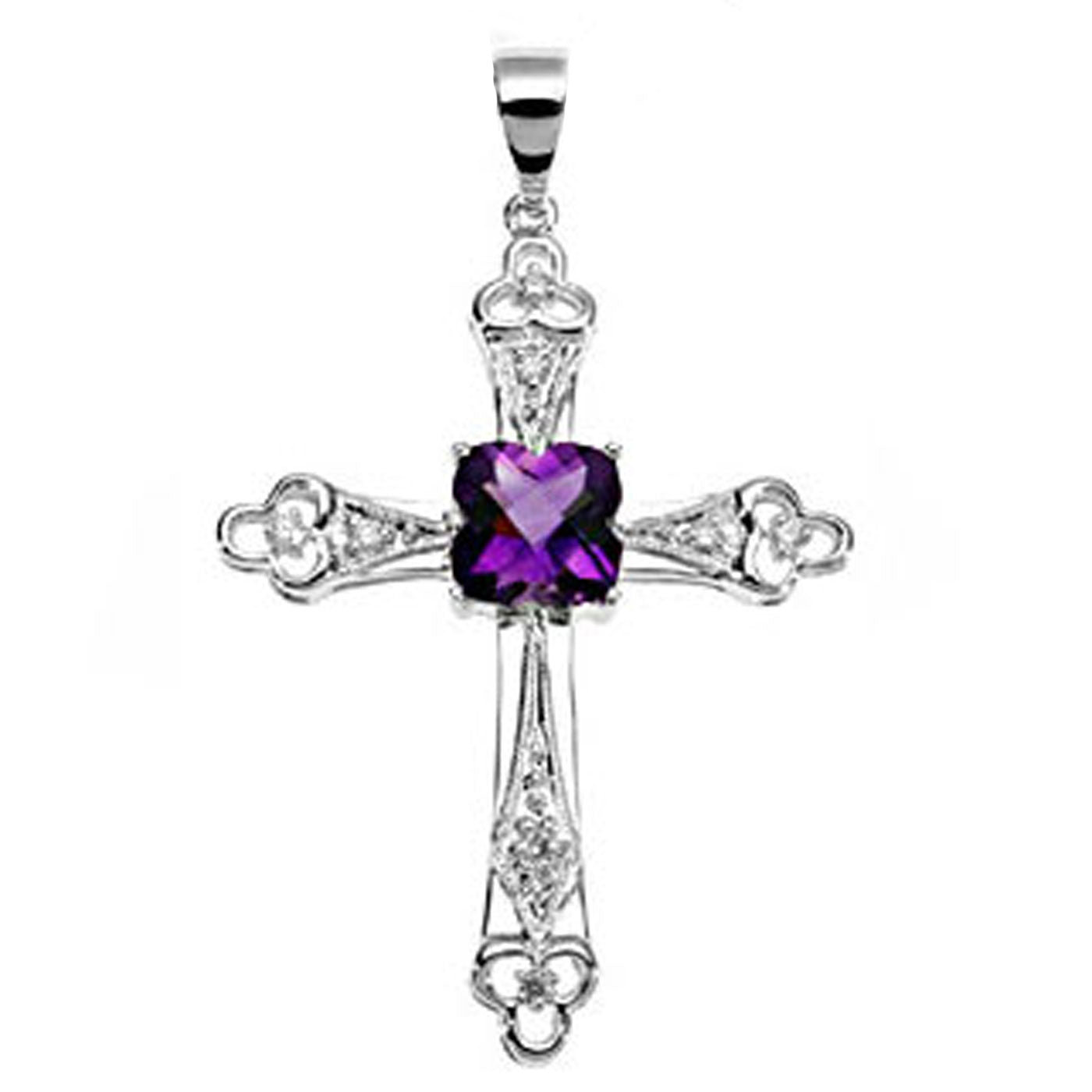 14k White Gold Clover Shape Amethyst and Diamond Cross Pendant