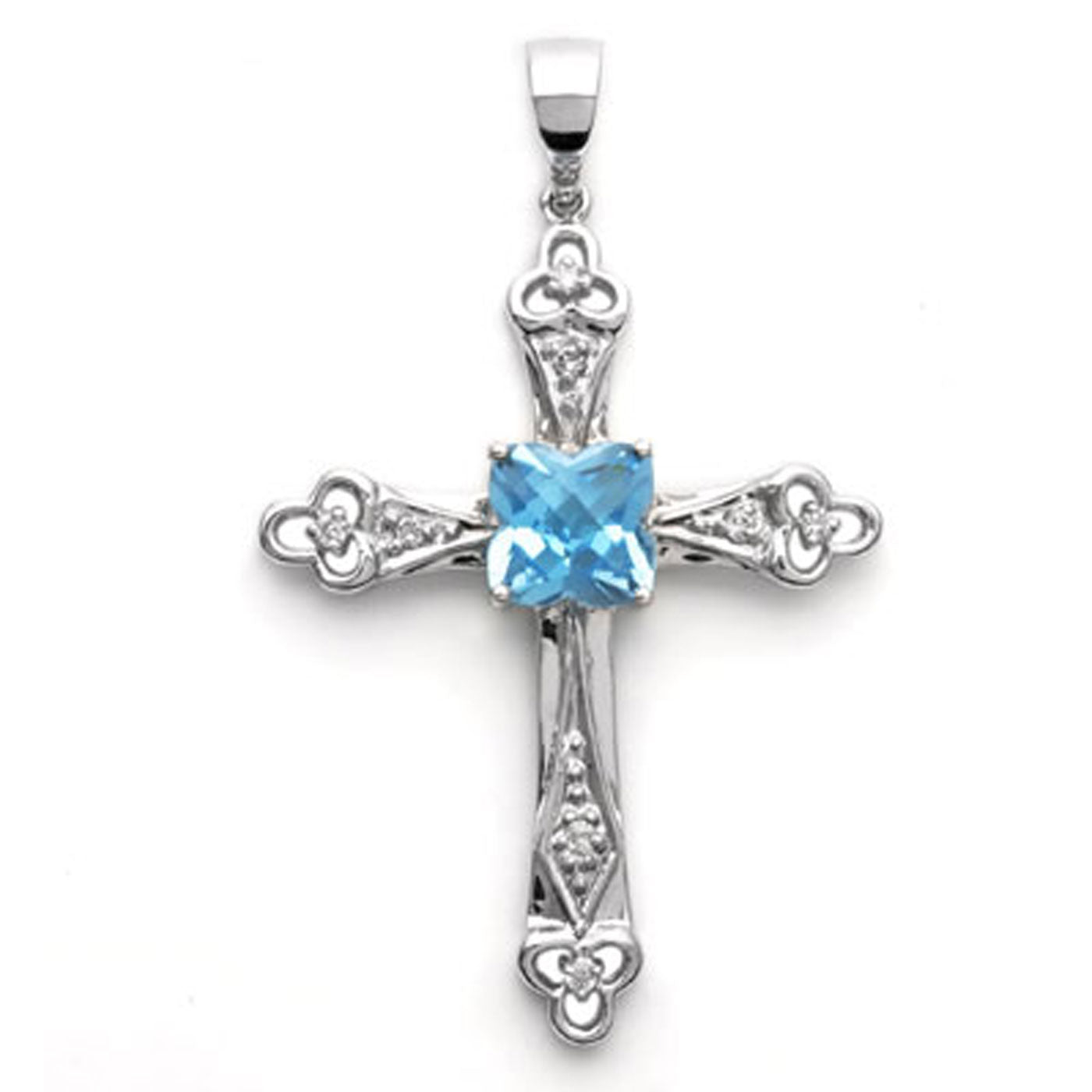 18k White Gold Clover Shape Blue Topaz and Diamond Cross Pendant