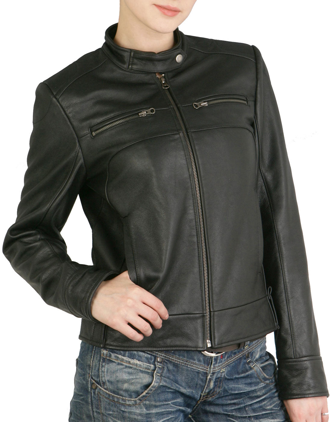 BGSD Women Maura Zip Front Lambskin Leather Jacket