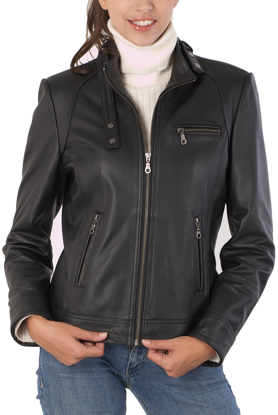 BGSD Women Julie Zip Front Lambskin Leather Jacket