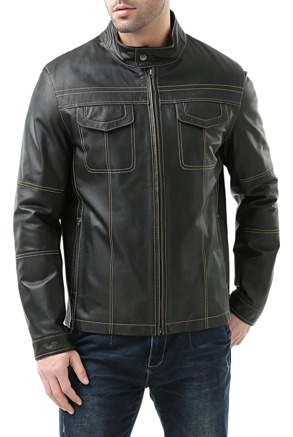 BGSD Monogram Collection Men Cowhide Leather Motorcycle Jacket