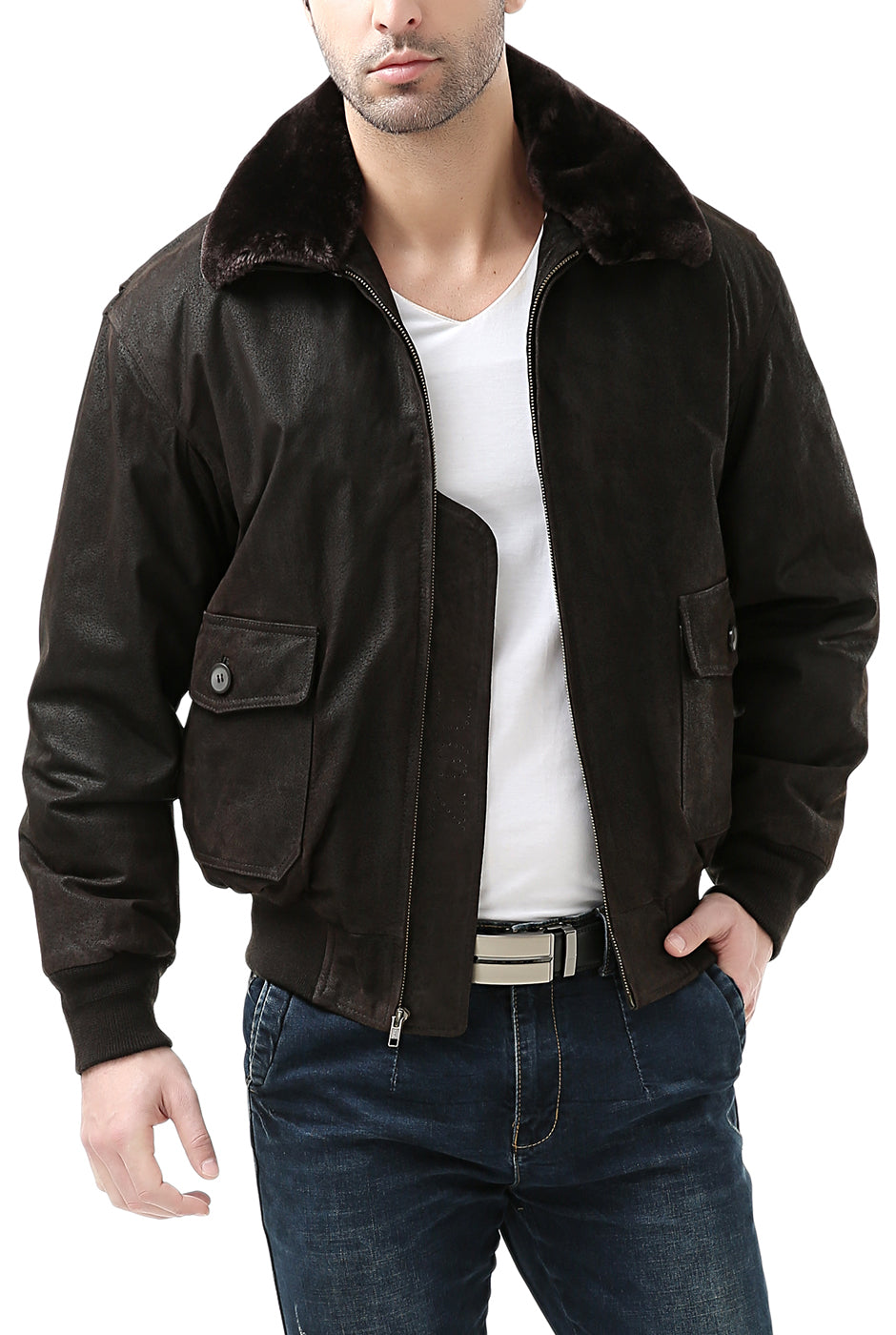 Landing Leathers Navy Men G-1 Distressed Leather Flight Bomber Jacket