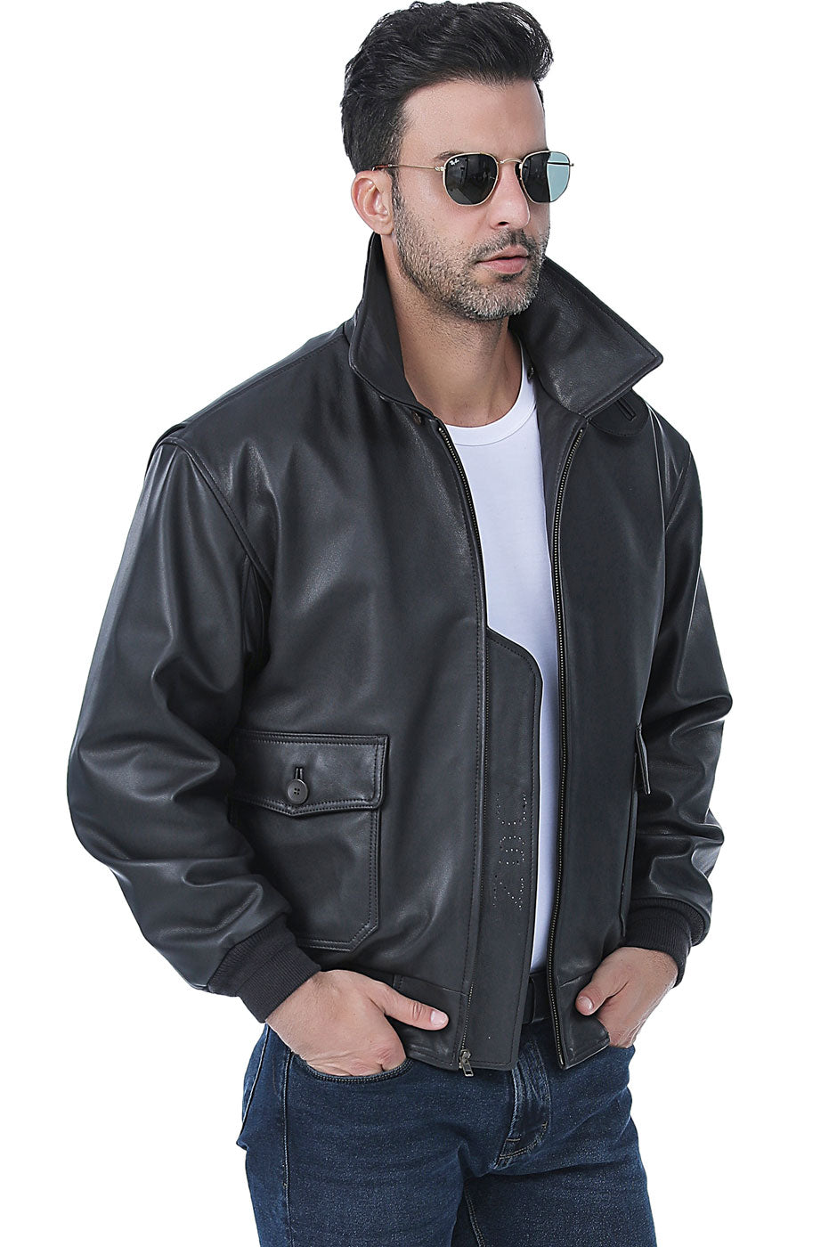 Landing Leathers Men Premium Navy G-1 Goatskin Leather Flight Bomber Jacket