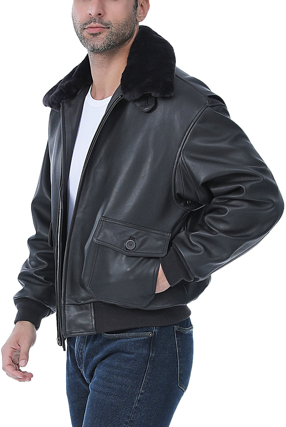 Landing Leathers Men Premium Navy G-1 Goatskin Leather Flight Bomber Jacket