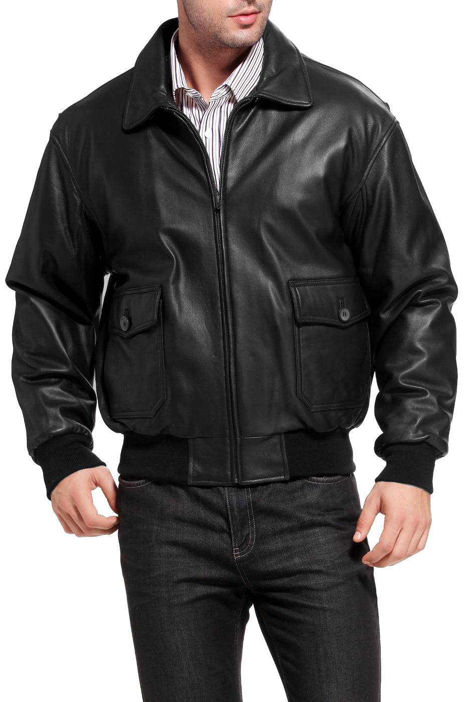 Landing Leathers Navy Men G-1 Goatskin Leather Flight Bomber Jacket