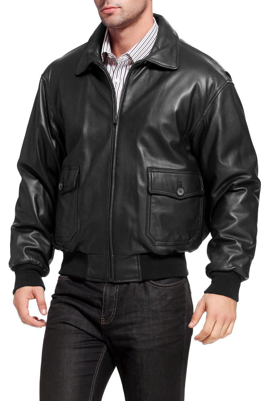 Landing Leathers Navy Men G-1 Goatskin Leather Flight Bomber Jacket