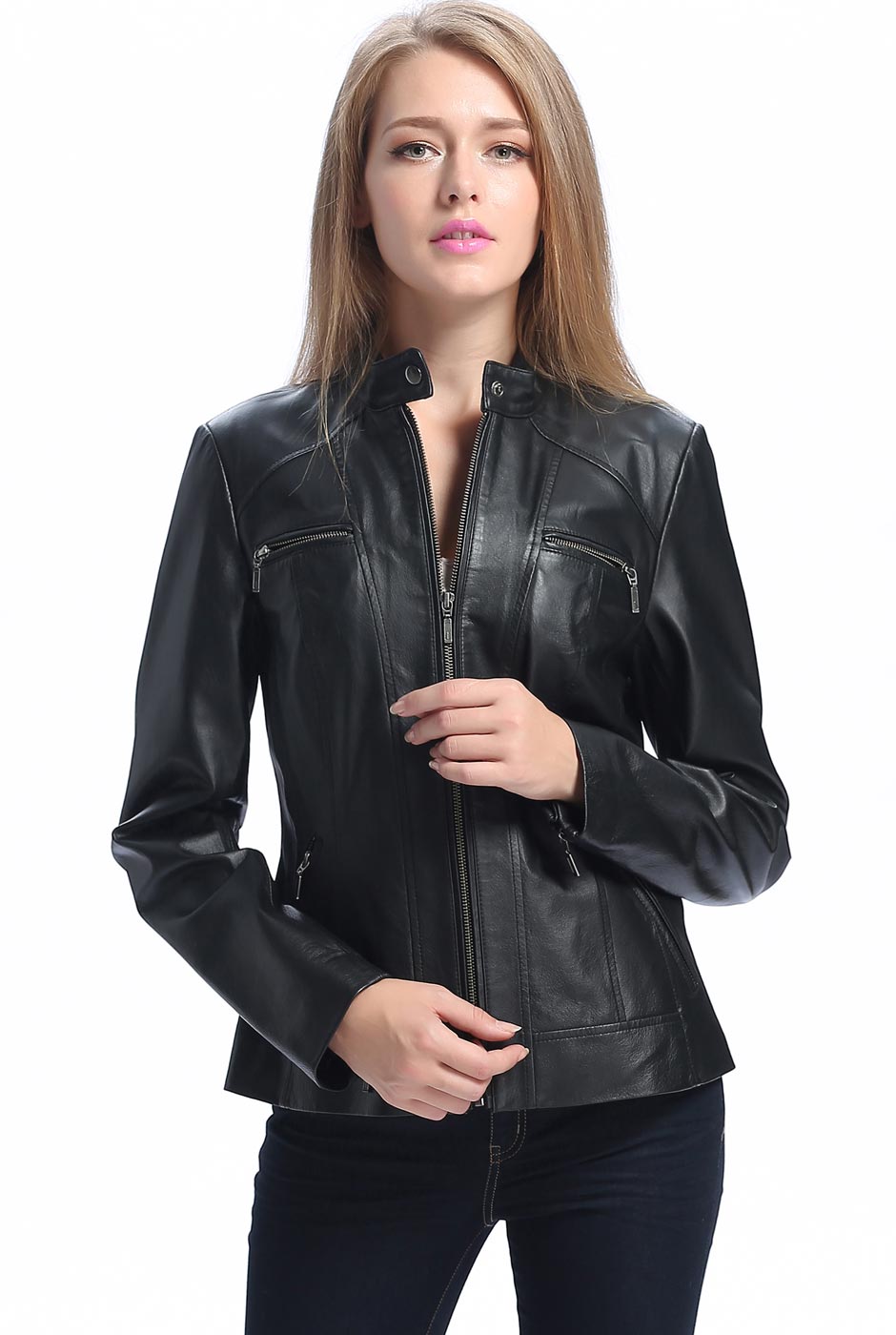 BGSD Women Mila Zip Front Lambskin Leather Jacket