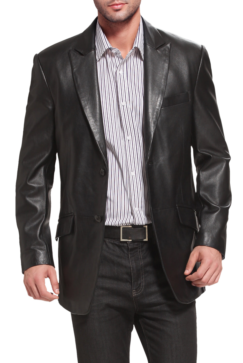 BGSD Monogram Collection Men Peaked Lapel 2-Button Lambskin Leather Blazer