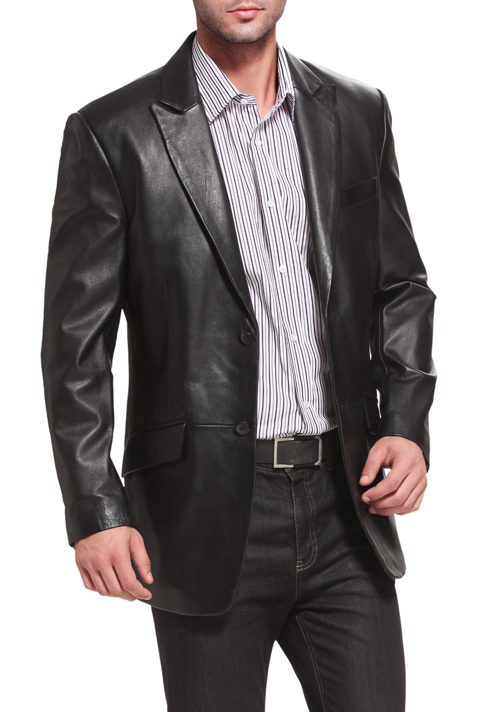 BGSD Monogram Collection Men Peaked Lapel 2-Button Lambskin Leather Blazer