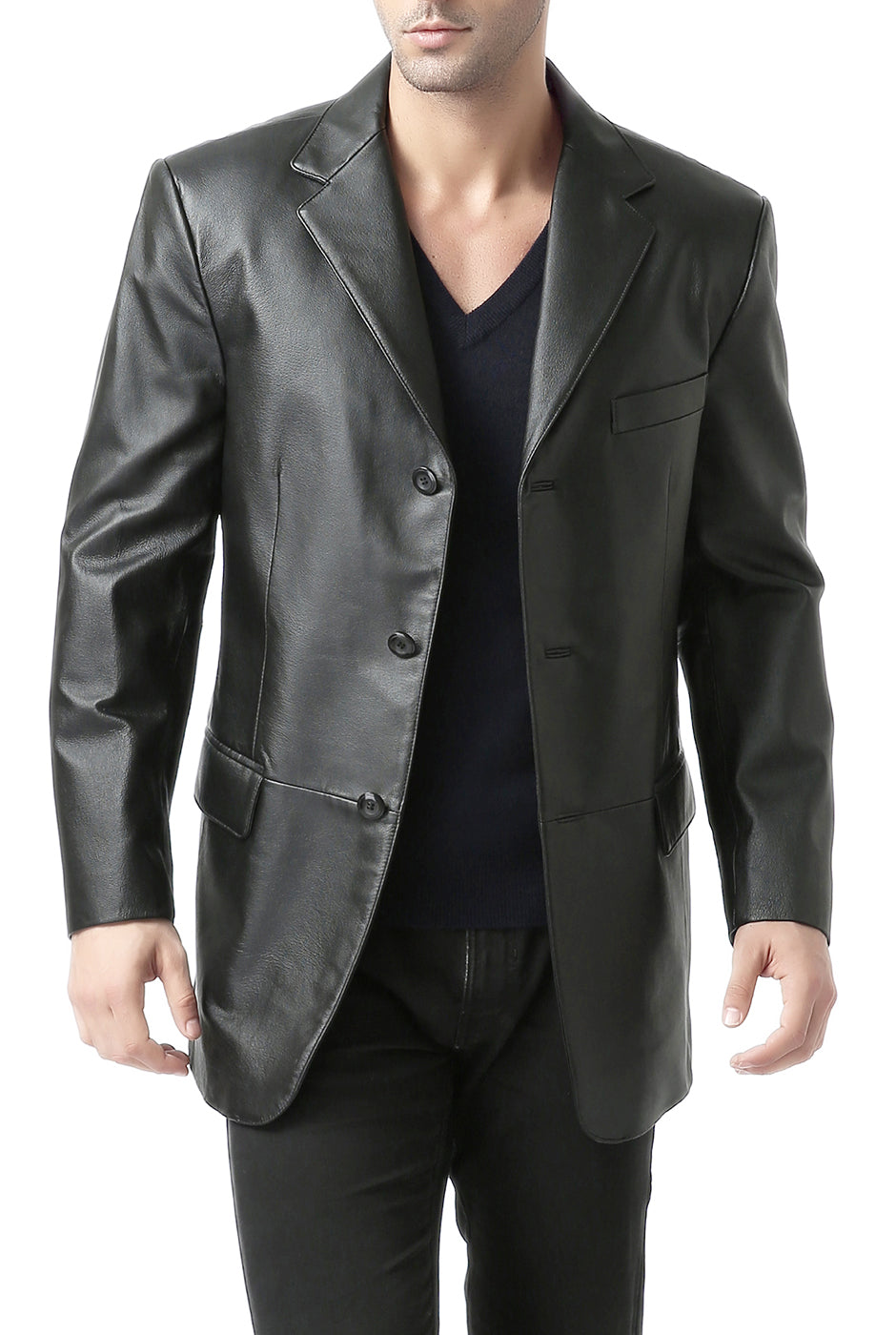 BGSD Men Three-Button Lambskin Leather Blazer