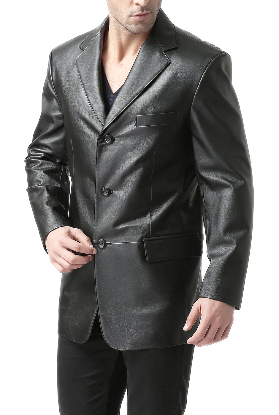 BGSD Men Three-Button Lambskin Leather Blazer