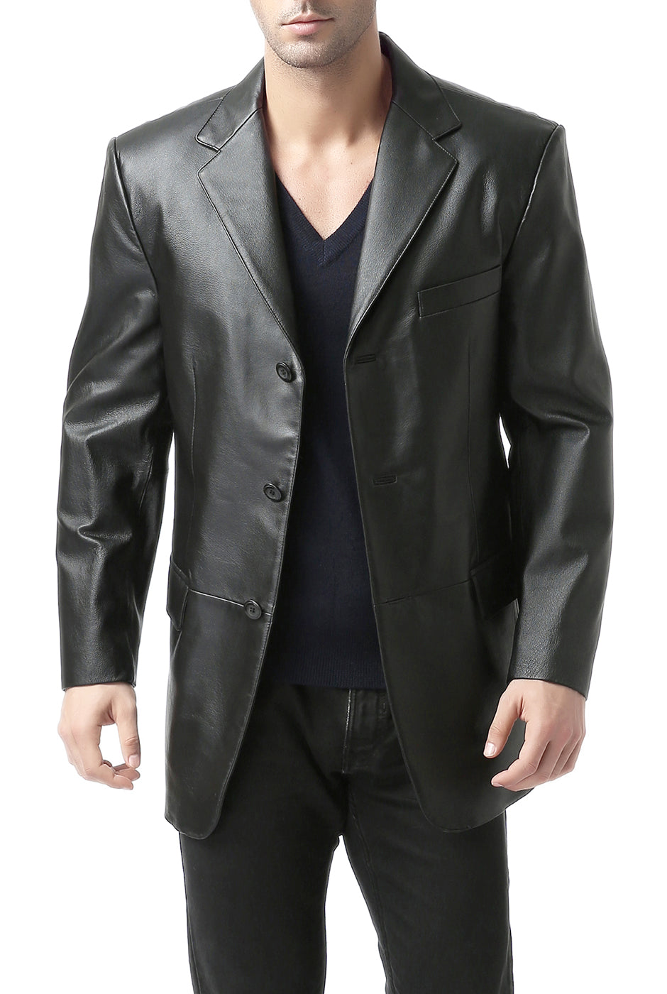 BGSD Men Three-Button Lambskin Leather Blazer