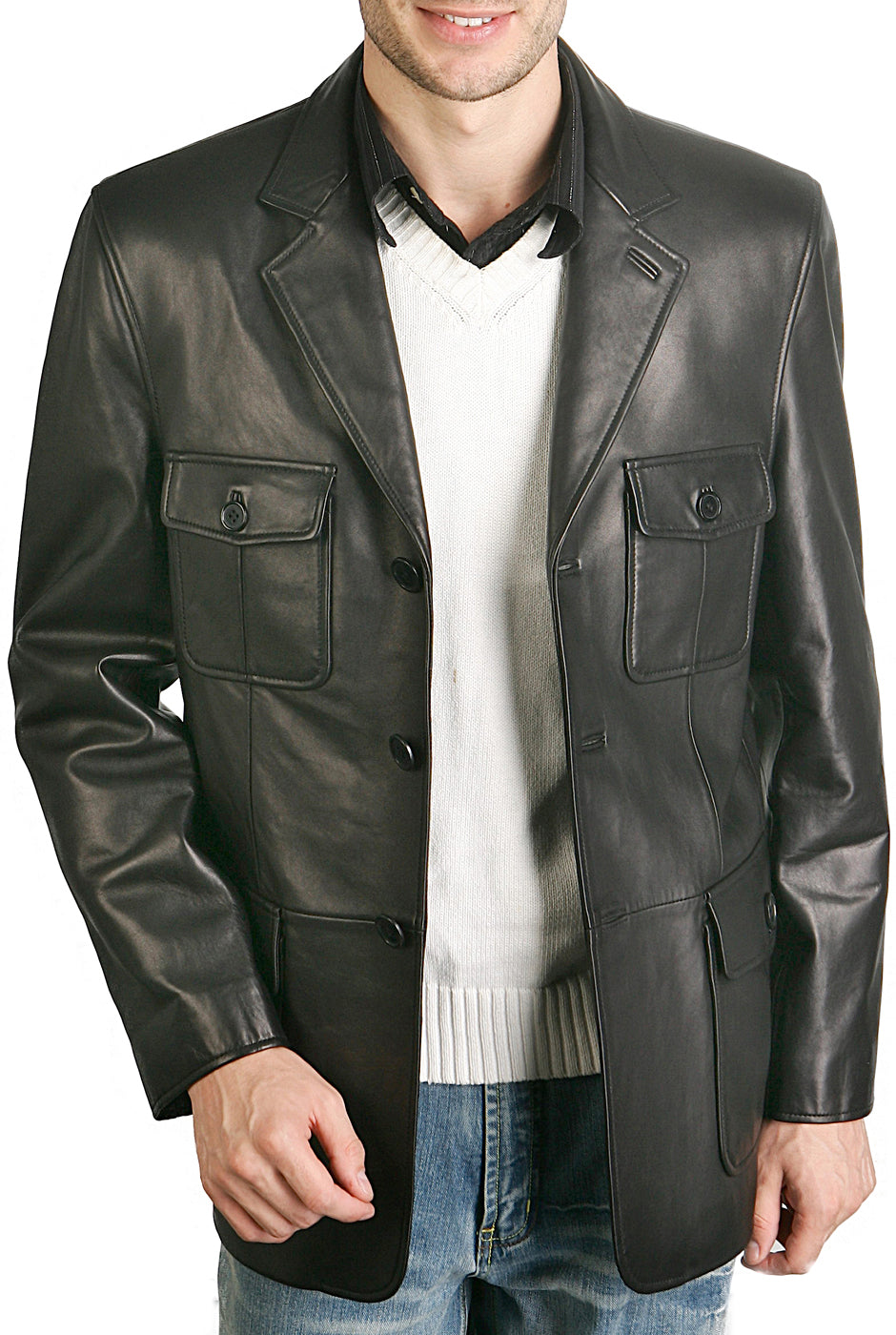 BGSD Men 3-Button New Zealand Lambskin Leather Military Blazer