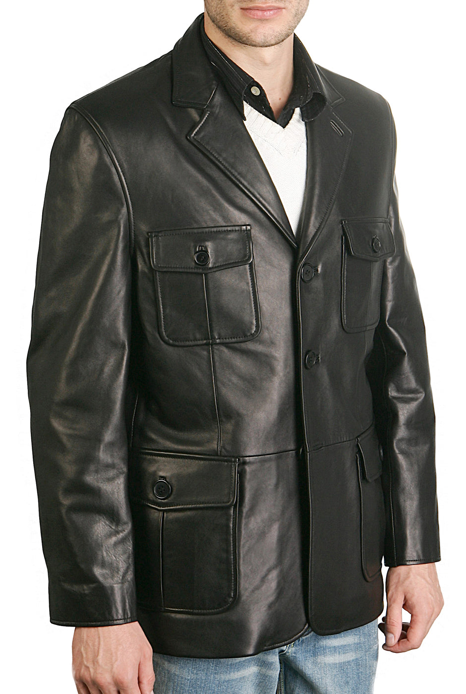 BGSD Men 3-Button New Zealand Lambskin Leather Military Blazer