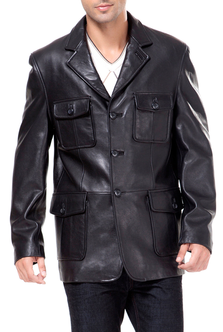 BGSD Men 3-Button New Zealand Lambskin Leather Military Blazer