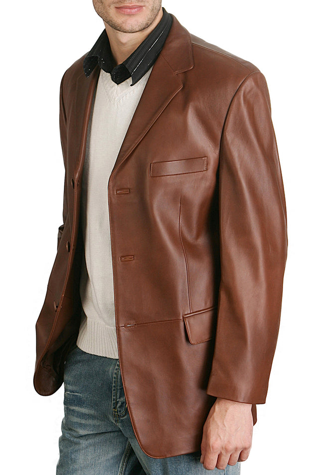 BGSD Men Three-Button Lambskin Leather Blazer