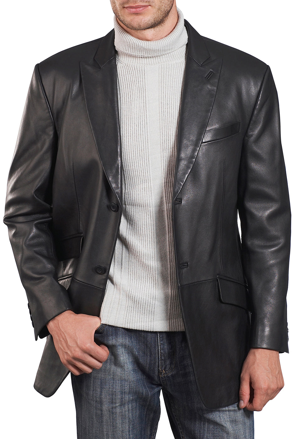 BGSD Monogram Collection Men Peaked Lapel 2-Button Lambskin Leather Blazer