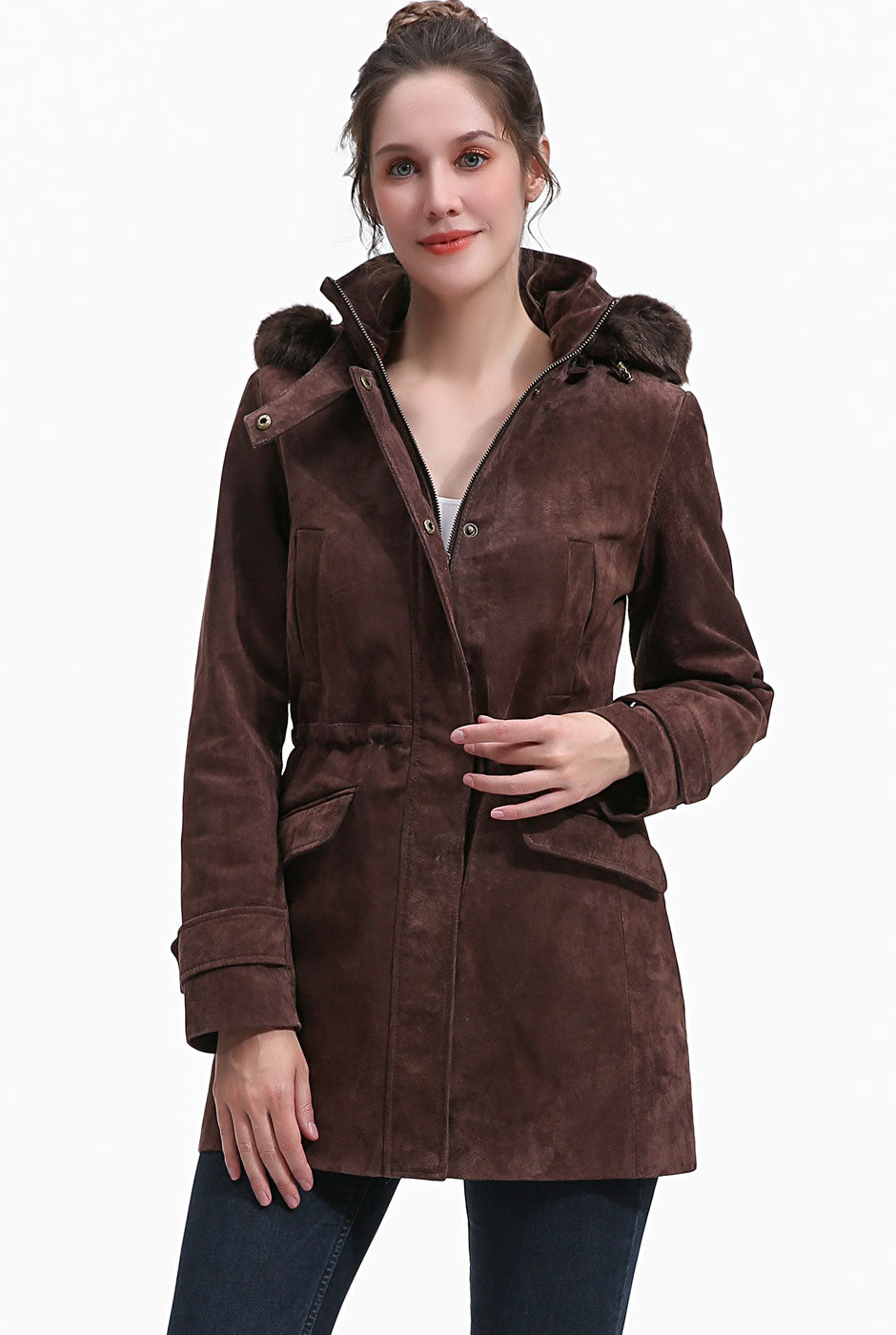 BGSD Women Della Hooded Suede Leather Parka Coat