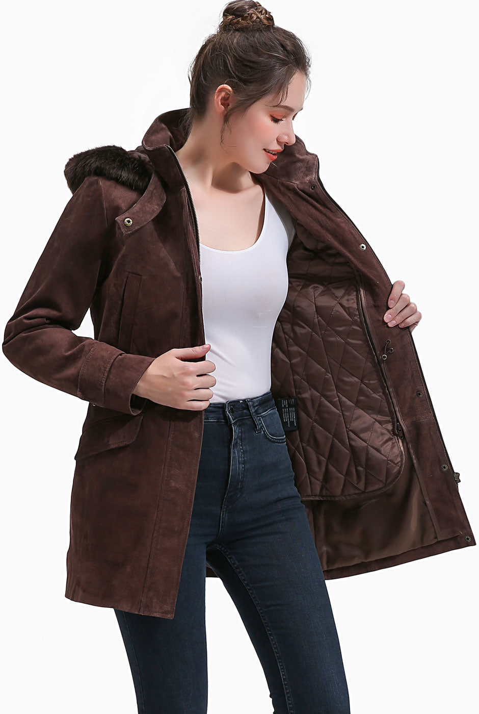 BGSD Women Della Hooded Suede Leather Parka Coat