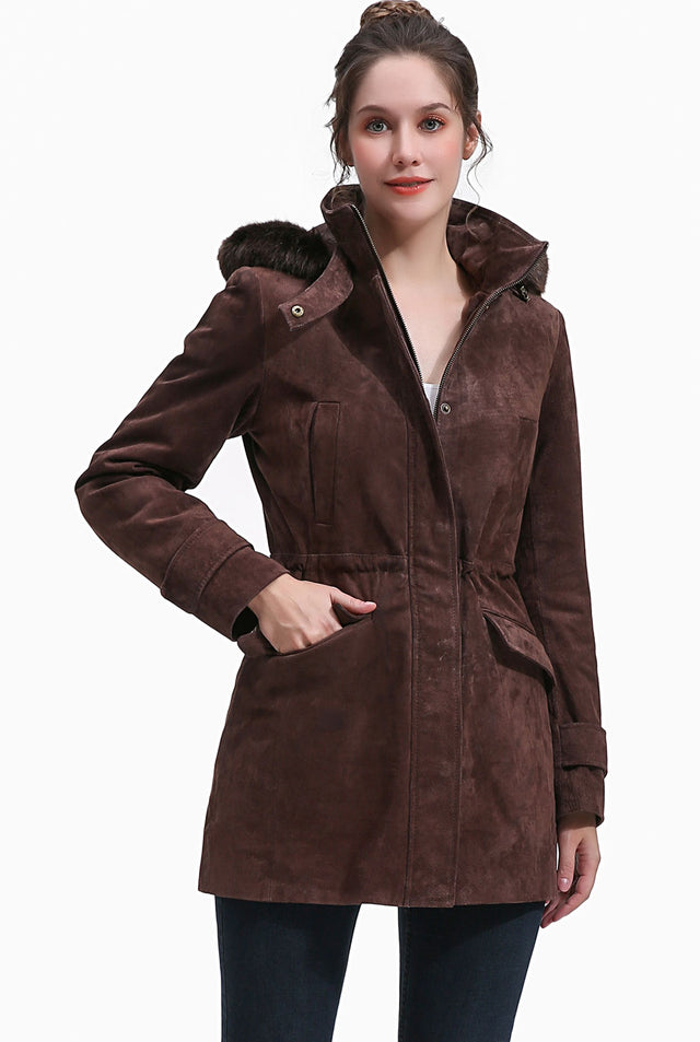 BGSD Women Della Hooded Suede Leather Parka Coat