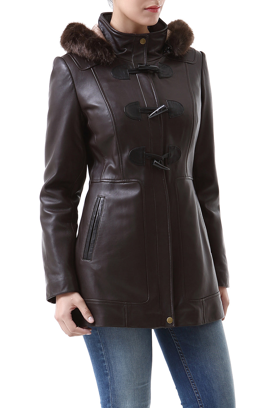 BGSD Women Amanda Hooded Lambskin Leather Toggle Coat