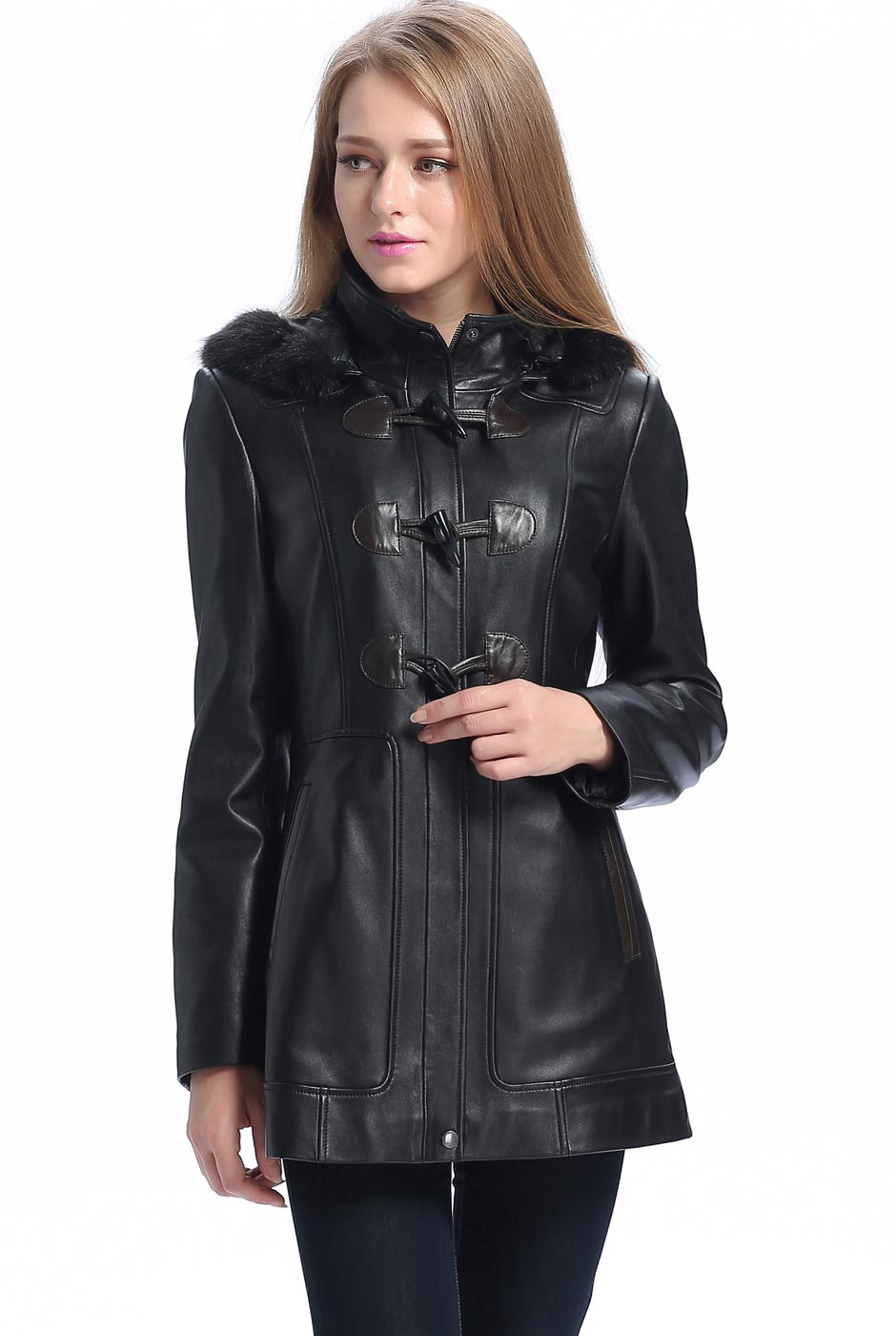 BGSD Women Amanda Hooded Lambskin Leather Toggle Coat