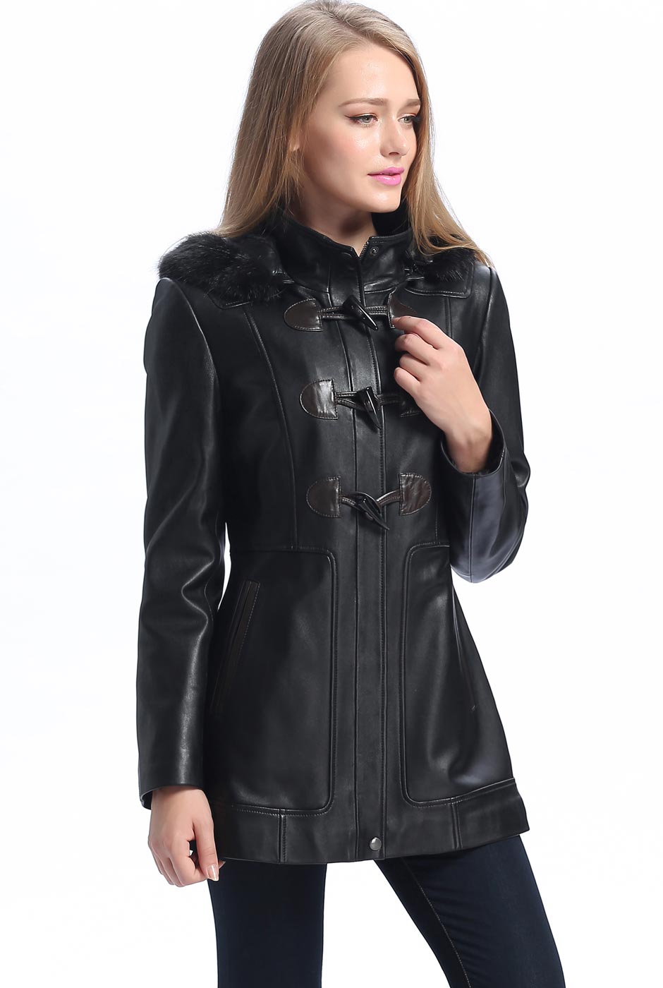 BGSD Women Amanda Hooded Lambskin Leather Toggle Coat