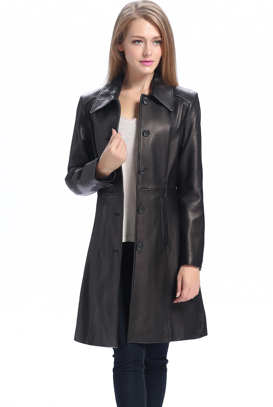 BGSD Women Amber Lambskin Leather Walking Coat