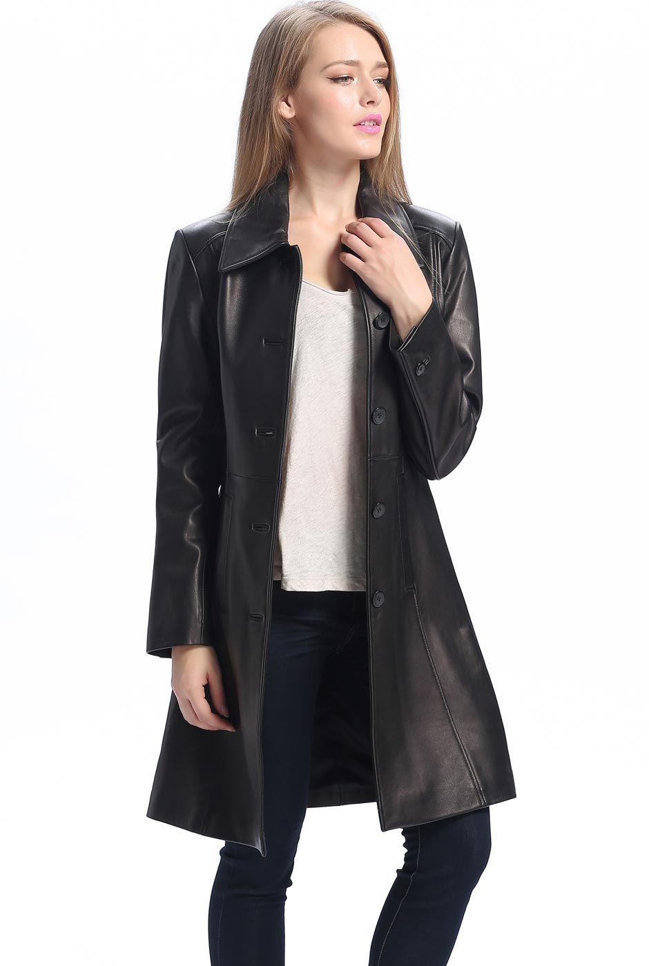 BGSD Women Amber Lambskin Leather Walking Coat