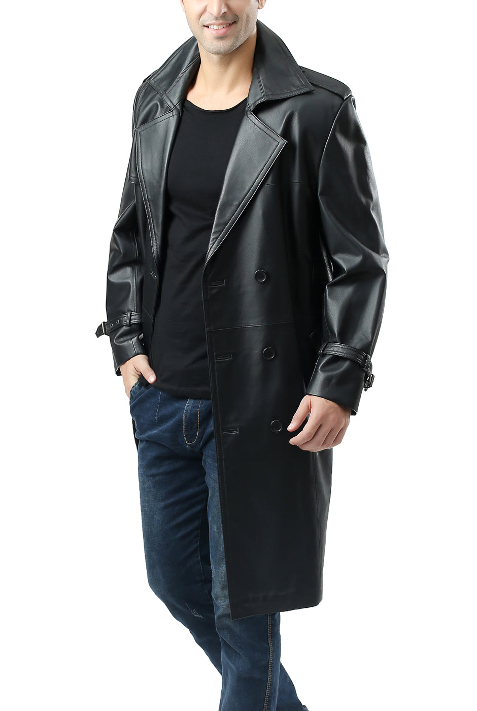 BGSD Monogram Collection Men Classic Leather Long Trench Coat