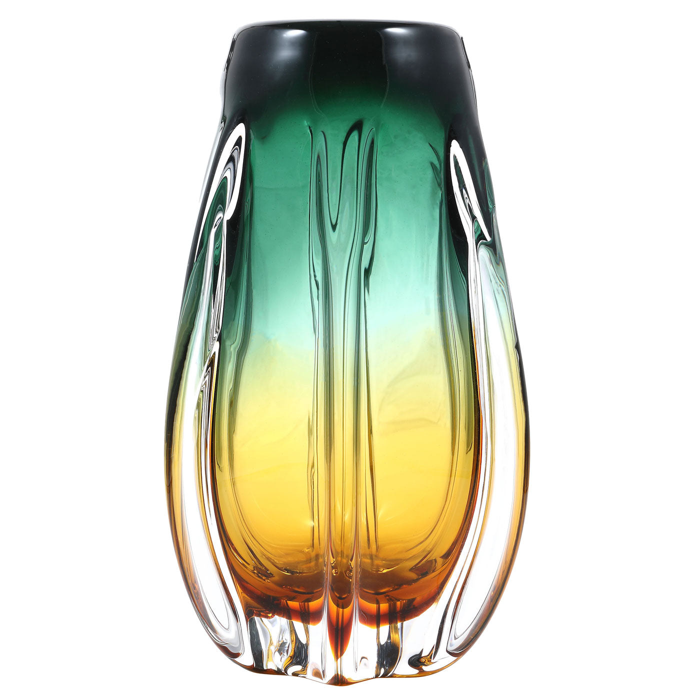 Hand Blown Laine Art Glass Vase - Gold & Green Ombre 10-12.5 inch tall