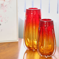 Hand Blown Laine Art Glass Vase - Gold & Red Ombre 10-12.5 inch tall