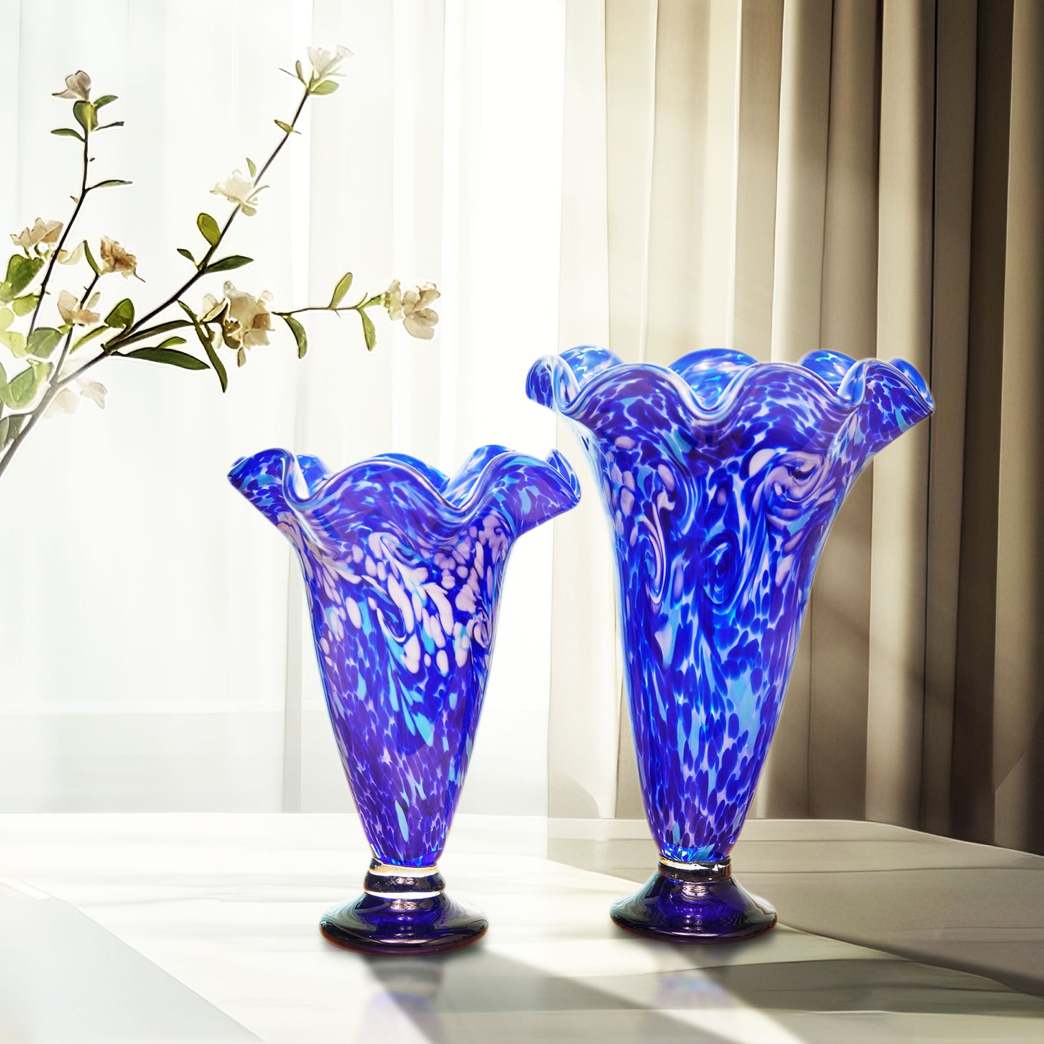 Hand Blown Cobalt Blue Confetti Art Glass Flower Vase