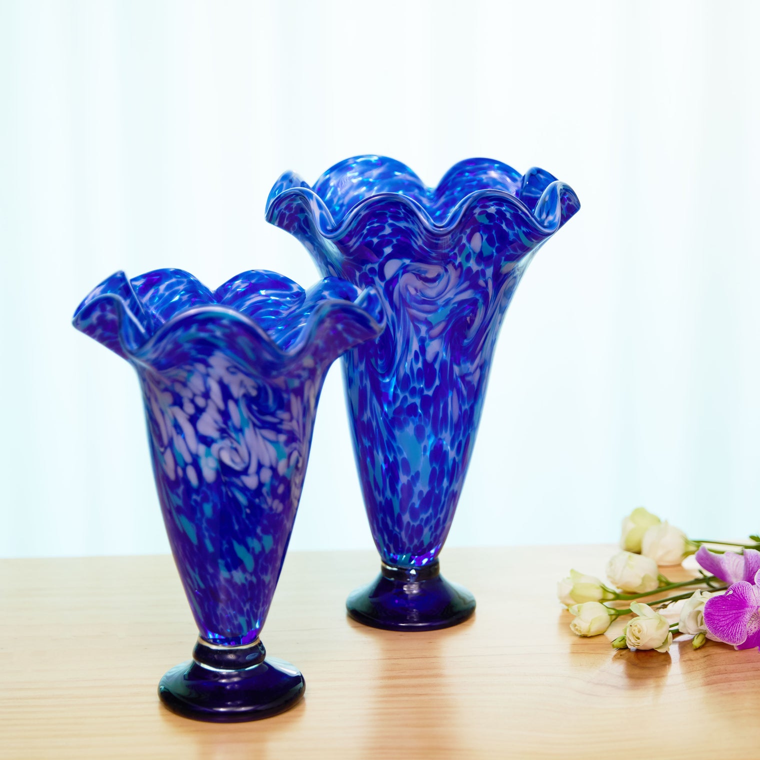 Hand Blown Cobalt Blue Confetti Art Glass Flower Vase