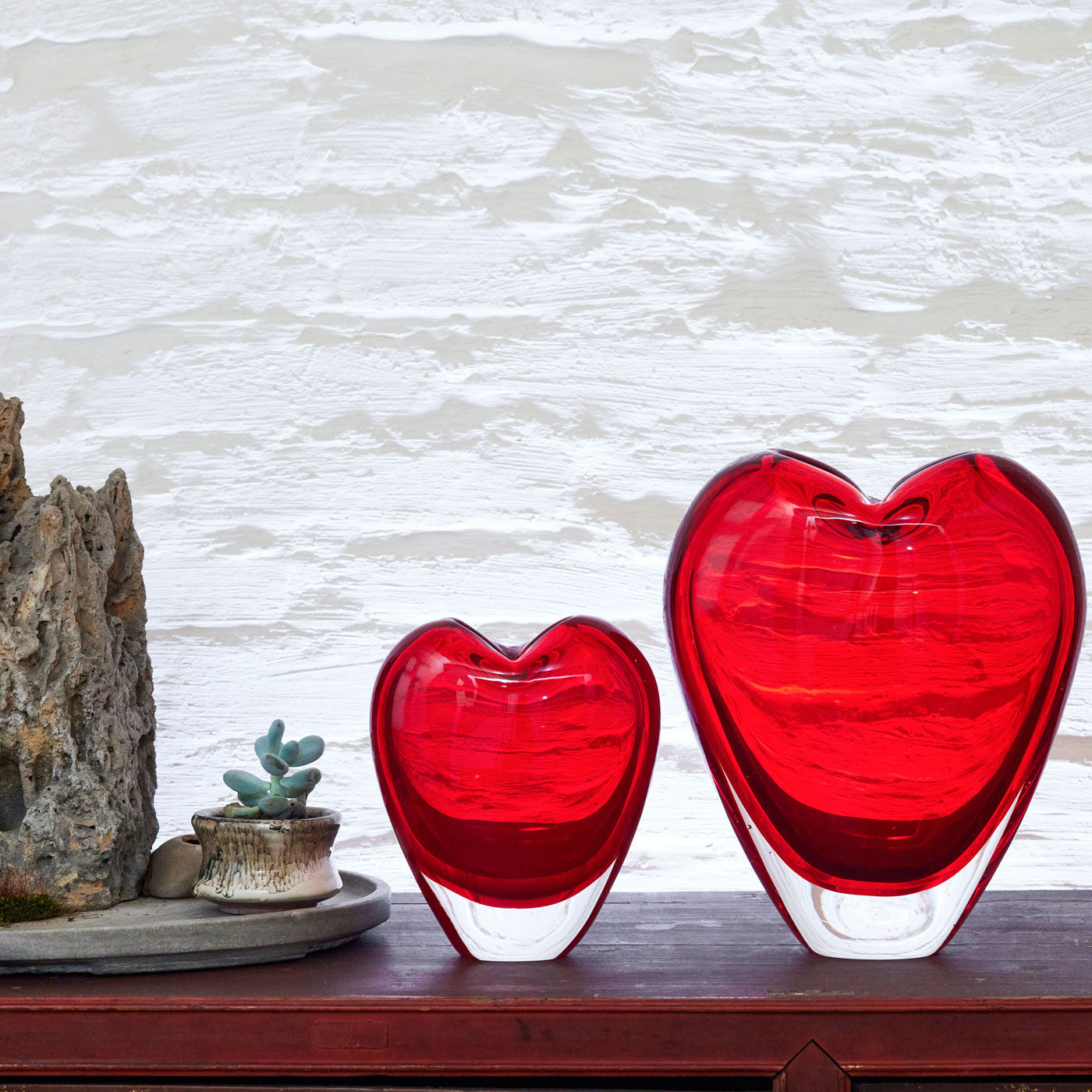 Hand Blown Red Love Heart Shaped Sommerso Art Glass Vase 7-10 inch tall