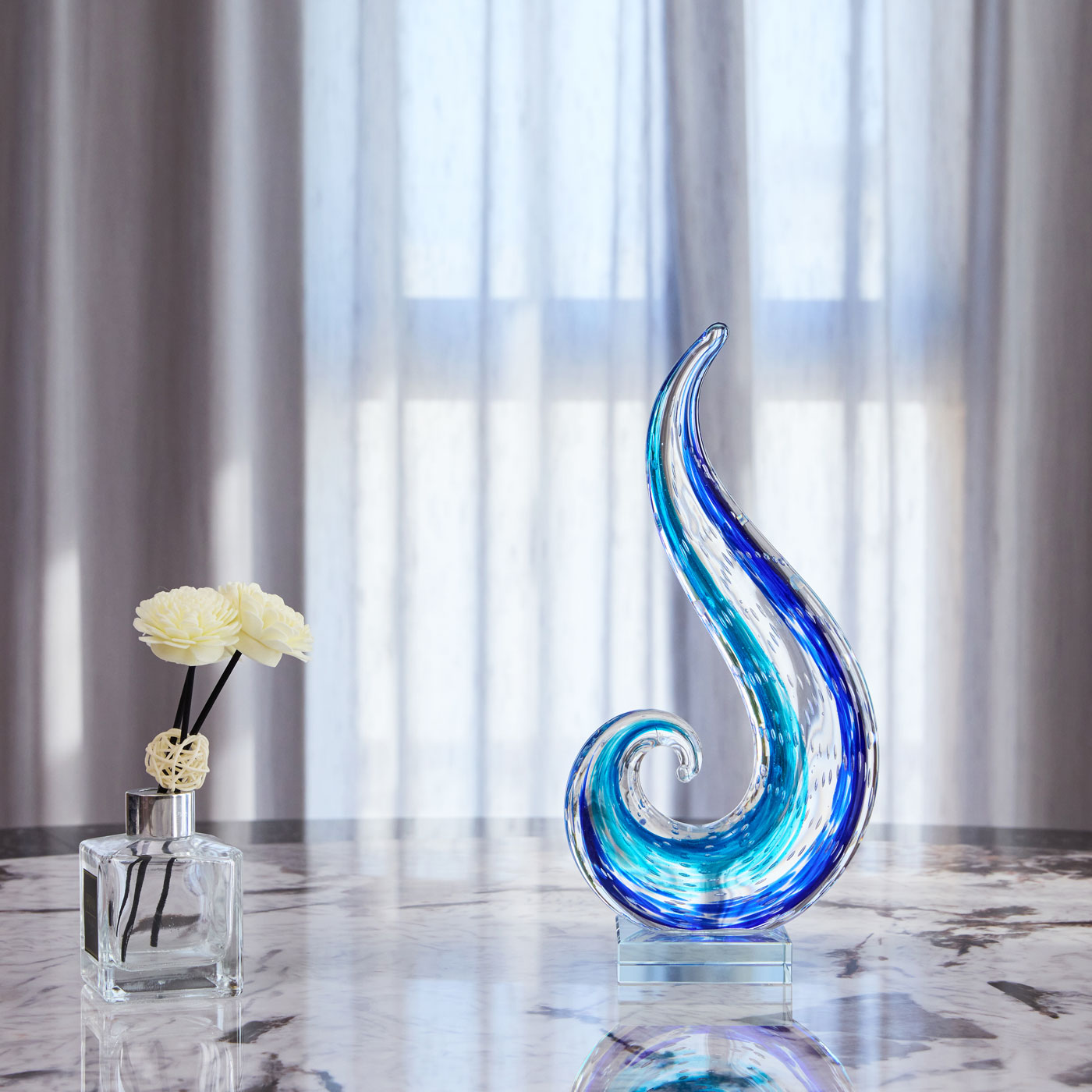 Luxury Lane Hand Blown Ocean Wave Sommerso Art Glass Sculpture 12-16 inch tall