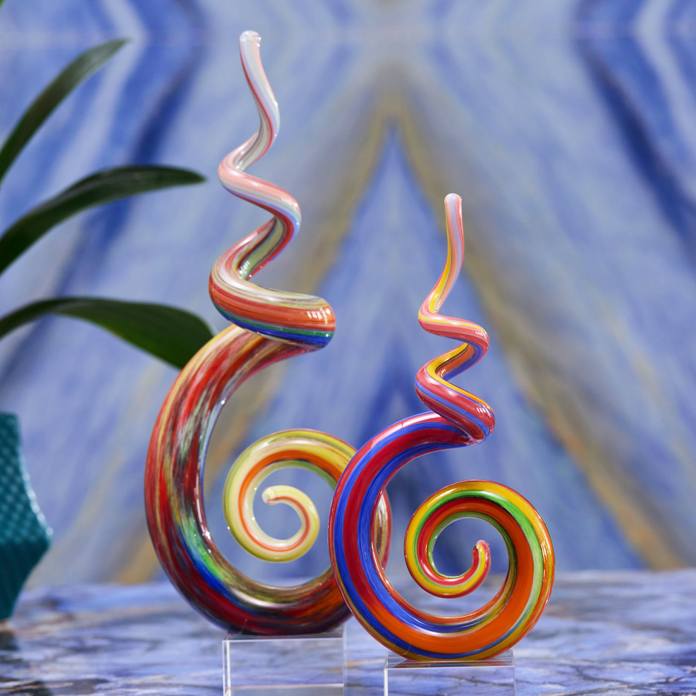 Luxury Lane Hand Blown Abstract Rainbow Swirl Sommerso Art Glass Sculpture 9.5-12 inch tall