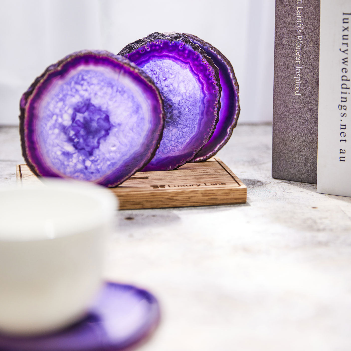 Set of 4 Natural Brazilian Agate Drink Coasters with Wood Holder - Amethyst