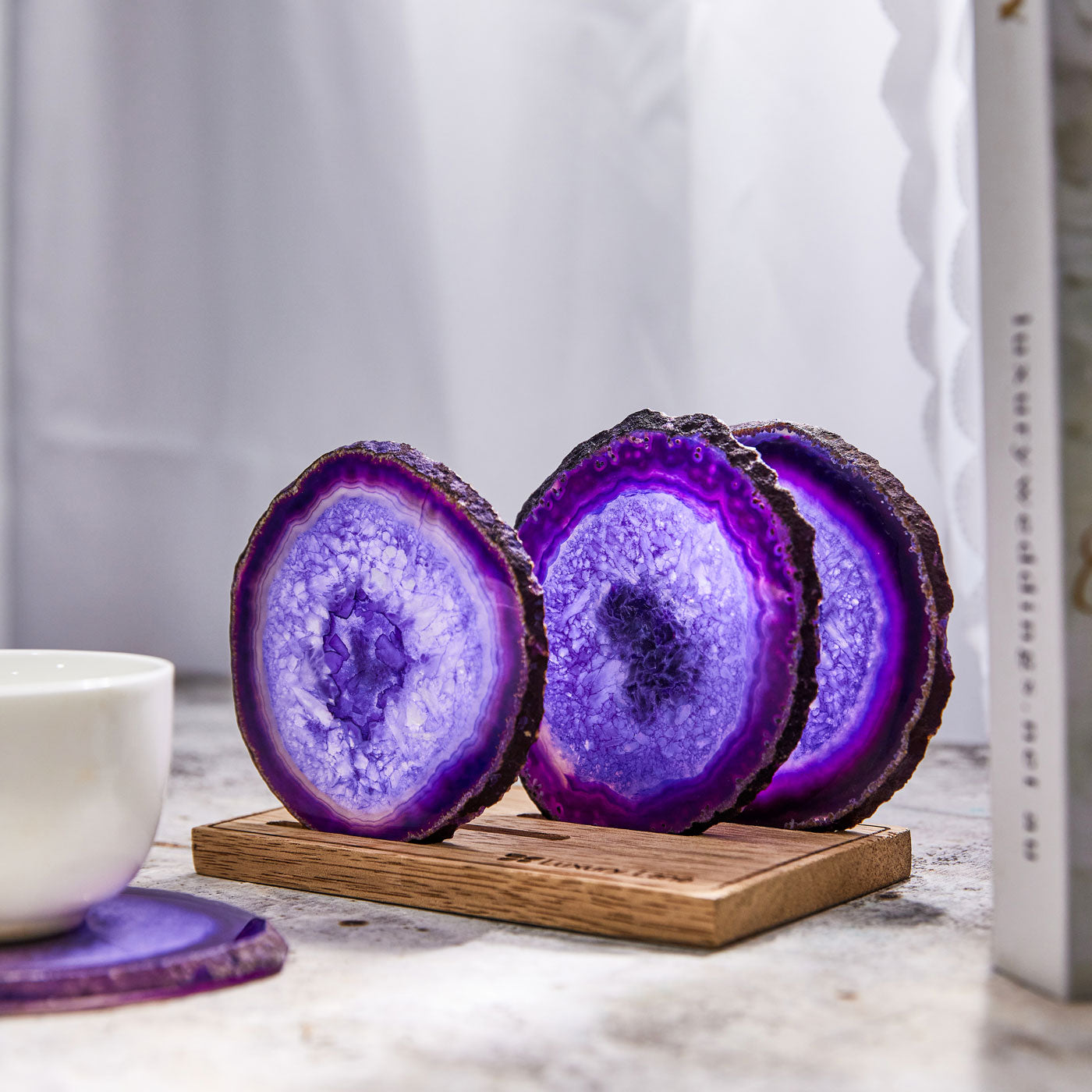 Set of 4 Natural Brazilian Agate Drink Coasters with Wood Holder - Amethyst