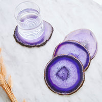 Set of 4 Natural Brazilian Agate Drink Coasters with Wood Holder - Amethyst