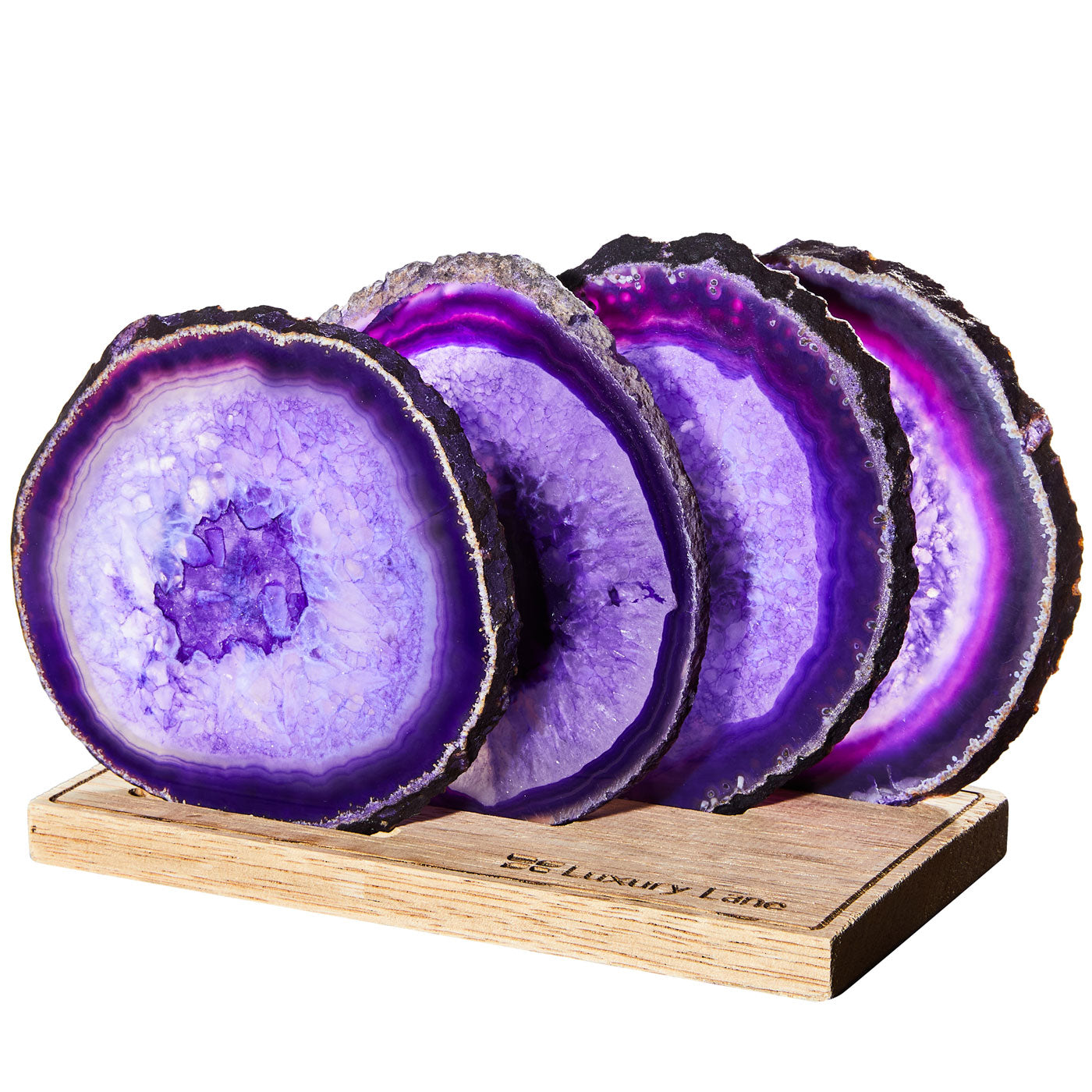 Set of 4 Natural Brazilian Agate Drink Coasters with Wood Holder - Amethyst