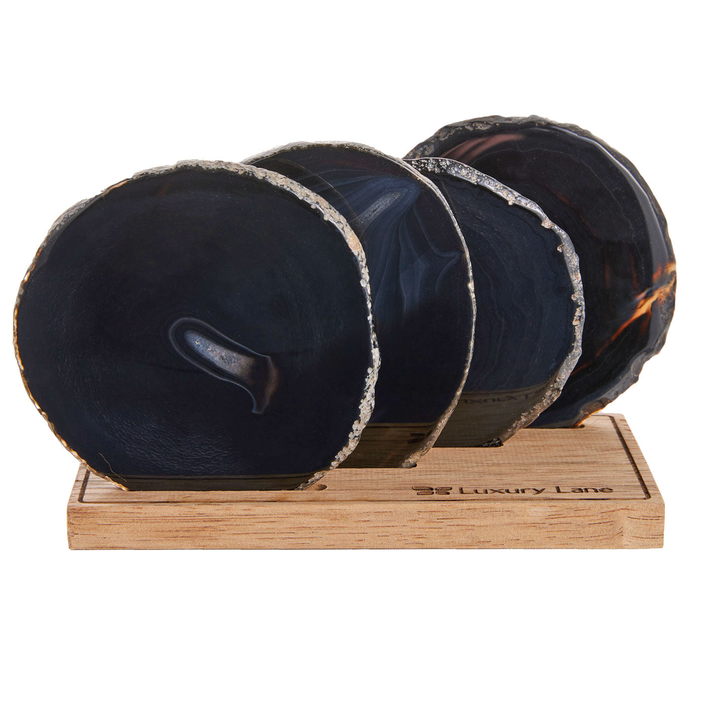 Set of 4 Natural Brazilian Agate Drink Coasters with Wood Holder - Black