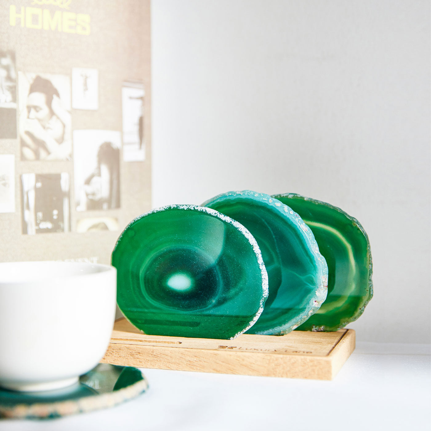 Set of 4 Natural Brazilian Agate Drink Coasters with Wood Holder - Emerald